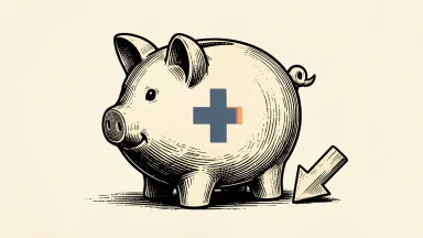 CVS Health price target cut depicted by a piggy bank with a pharmacy cross and a downward arrow.