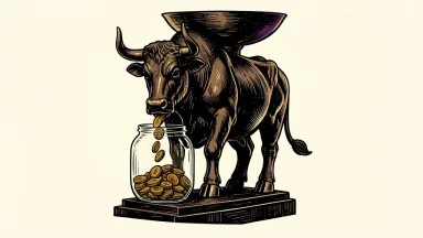 US equity ETFs set a record with a bronze bull statue and a jar filling with golden coins.
