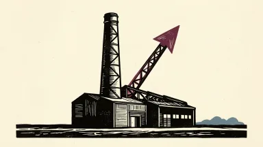 US industrial production rises as a factory silhouette supports a metal arrow pointing upward.