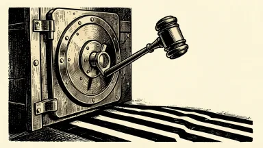 Datavault AI facing securities fraud allegations: a heavy vault door pried open by a legal gavel to reveal a striped shadow.