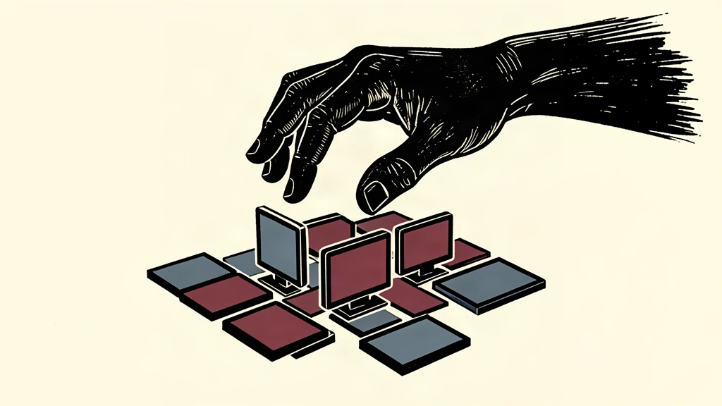 An editorial illustration showing a large hand silhouette providing a protective barrier over a cluster of digital screen tiles.