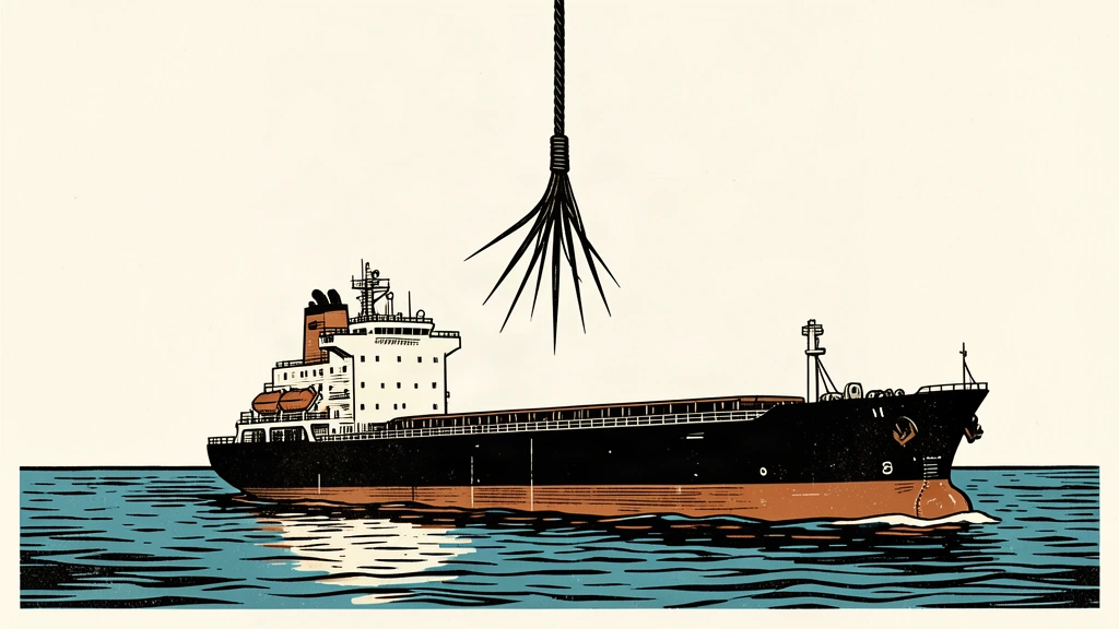 An editorial illustration showing a large tanker ship being approached by a frayed, needle-like cable from above, representing a cyber threat.