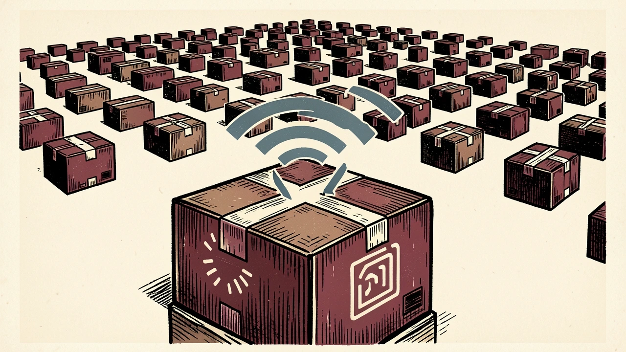 UPS tracking technology expansion: a large shipping box with an RFID tag icon emitting signal waves toward a vast grid of packages.