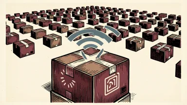 UPS tracking technology expansion: a large shipping box with an RFID tag icon emitting signal waves toward a vast grid of packages.