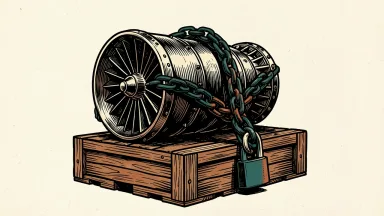 Honeywell Aerospace (HONA) facing a securities fraud class action: a large aircraft turbine engine is bound to its shipping crate by a heavy chain and padlock.