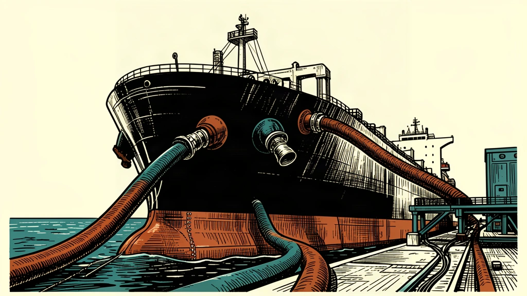 An editorial illustration showing a large LNG tanker about to be connected to a terminal by two large hoses, representing the nearing agreements with major buyers.