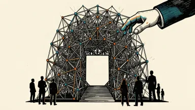 An editorial illustration showing a hand reaching toward a massive, complex lattice structure representing a multi-trillion parameter AI model.
