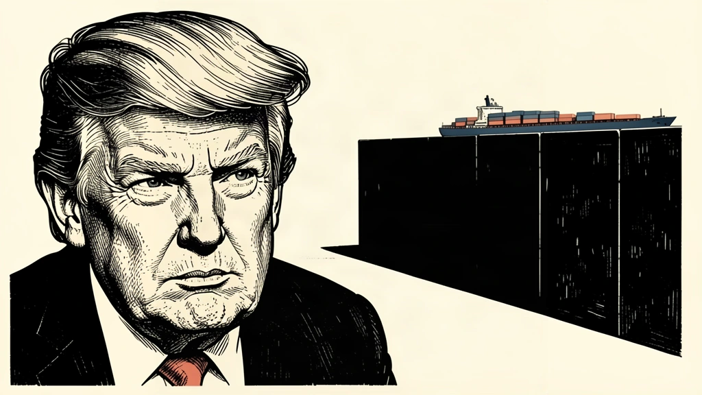 An editorial illustration showing Trump's profile next to a large barrier that separates him from a distant cargo ship. Identity photo references adapted into illustration: Daniel Torok (Public domain; https://commons.wikimedia.org/wiki/File:Official_Presidential_Portrait_of_President_Donald_J._Trump_(2025).jpg); source https://commons.wikimedia.org/wiki/File:Official_Presidential_Portrait_of_President_Donald_J._Trump_(2025).jpg