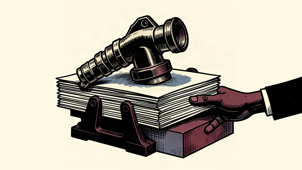 An editorial illustration showing a fuel nozzle weighing down a stack of papers, while hands insert a new support block underneath.