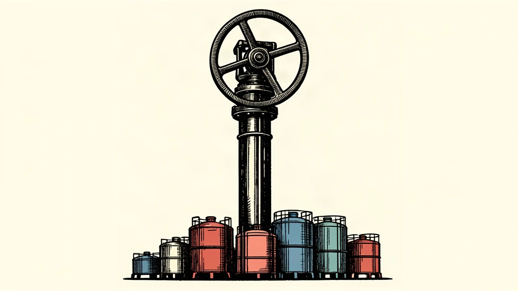 An editorial illustration using scale to show the massive surge in natural gas prices compared to heating oil, featuring a towering gas pipe and valve overshadowing smaller oil tanks.