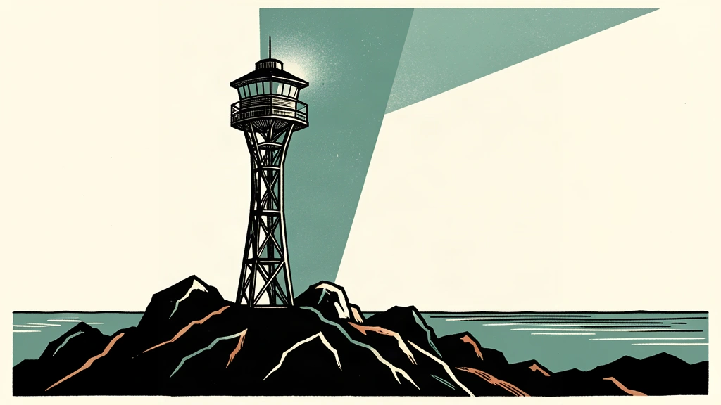 An editorial illustration of a vigilant observation tower casting a beam of light over a dark, rocky landscape to represent a state of high alert.