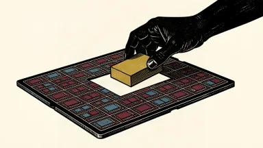 An editorial illustration showing a semiconductor wafer with a single large gold block being lifted from its surface by anonymous hands.