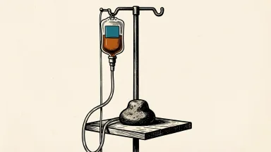 Option Care Health rating lowered: a medical infusion stand being pulled down to a middle level by a heavy stone weight.
