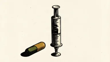 Protagonist Therapeutics' oral pill challenging injectable treatments: a medicinal pill casting a long shadow in the shape of a syringe.