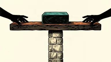An editorial illustration of a heavy block balanced perfectly in the center of a horizontal beam, representing a split market expectation.
