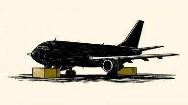 Ryanair airplane restrained by two blocks on tarmac.