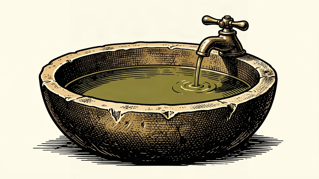 An editorial illustration showing a large stone basin being filled by a very thin trickle from a large tap, representing limited fiscal relief despite structural changes.