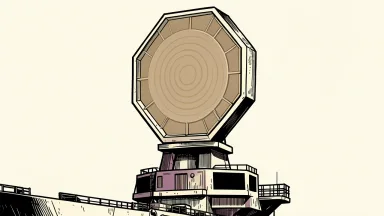 RTX's Raytheon naval radar upgrades: A large octagonal radar array on a ship emitting concentric pulses to represent advanced target-detection software.