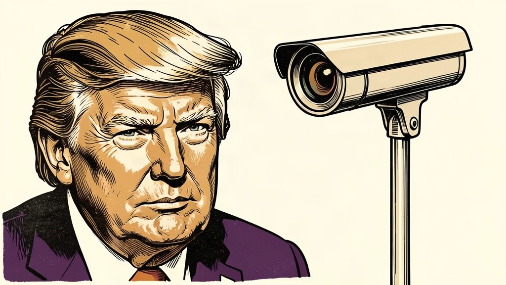 An editorial illustration showing Donald Trump next to a modern pole-mounted surveillance camera. Identity photo references adapted into illustration: Daniel Torok (Public domain; https://commons.wikimedia.org/wiki/File:Official_Presidential_Portrait_of_President_Donald_J._Trump_(2025).jpg); source https://commons.wikimedia.org/wiki/File:Official_Presidential_Portrait_of_President_Donald_J._Trump_(2025).jpg