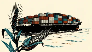 US agricultural exports to China: a large cargo ship carrying shipping containers alongside oversized stalks of wheat and corn.