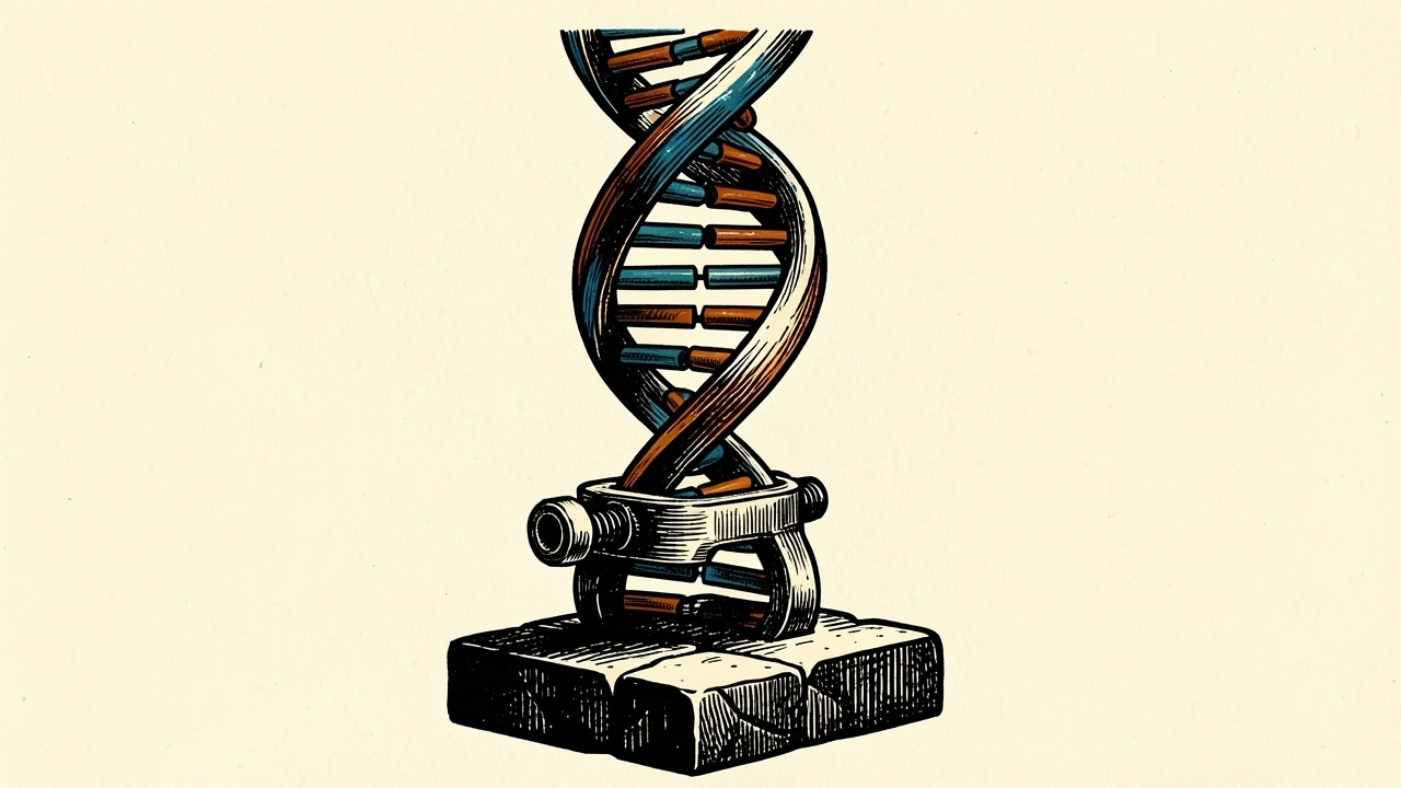 10x Genomics initiated at Buy by Argus Research: a DNA double helix secured and supported by a heavy metal clamp on a stone base.