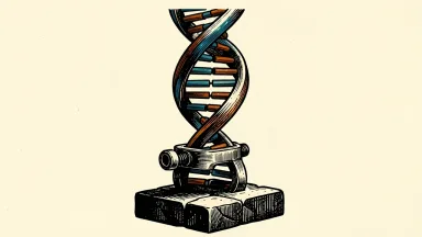 10x Genomics initiated at Buy by Argus Research: a DNA double helix secured and supported by a heavy metal clamp on a stone base.