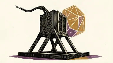 Akamai shares rising on an expanded Anthropic deal: a server rack lifted by rising structural beams while connected to a large geometric monolith.