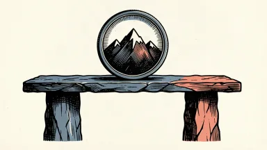 A Swiss coin stands balanced on a level beam between two pillars, representing exchange rate stability despite economic pressure.