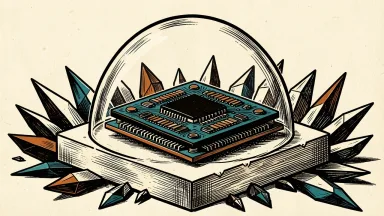 Nvidia spreading AI buildout risk through insurance: a large computer chip protected by a solid, intact dome against a field of sharp geometric shards.