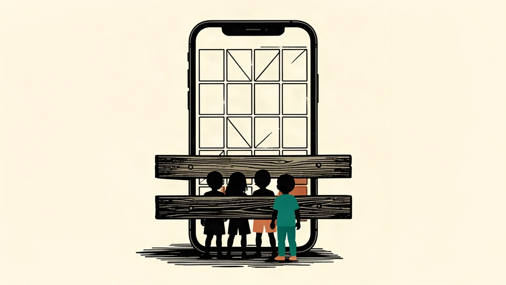 An editorial illustration showing a heavy wooden barrier bolted across a smartphone screen, blocking access for a group of small silhouettes, representing the ban on addictive social media features for minors.
