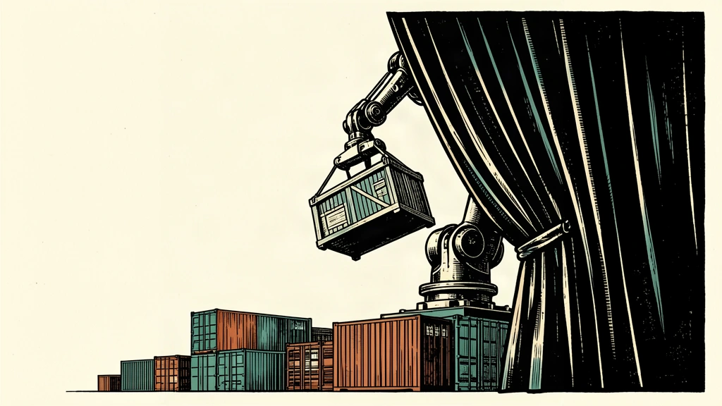 A robotic arm emerges from a stage curtain to lift a heavy industrial crate.