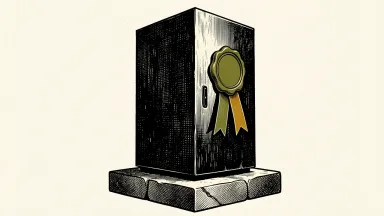 Digital Realty Trust senior notes rated BBB by Fitch: a monolithic server cabinet stands on a solid stone base with a blank formal wax seal on its side.