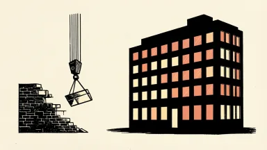 Workday workforce and office space reduction: a crane hook lifts a small section of tiles away from a large, stable office building.
