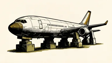 An editorial illustration of a large aircraft fuselage resting on uneven blocks to represent lumpy margins and variable risk retirements.