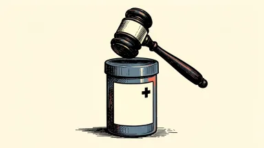 Hims & Hers Health faces legal pressure: a large prescription pill bottle with a gavel resting across its cap.