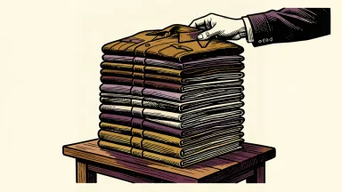 A hand adds a neatly folded uniform jacket to a tall, stable stack of industrial work shirts.