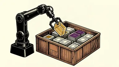 A robotic arm precisely places a translucent tile into a large shipping crate against a minimalist ivory background.
