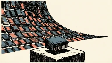 Micron memory module facing a future capacity wave: a single semiconductor component sits on a pedestal as a massive wall of similar modules rises behind it.