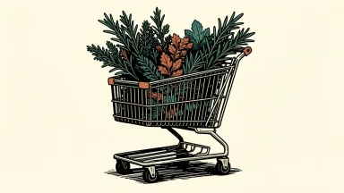Edible Garden fresh herbs for Walmart: a retail shopping cart filled with bundles of fresh herbs and a large rosemary sprig.