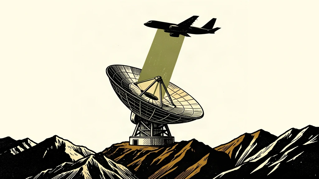 An editorial illustration of a radar dish on a mountain ridge projecting a light beam toward a distant plane, representing a request for surveillance aid.