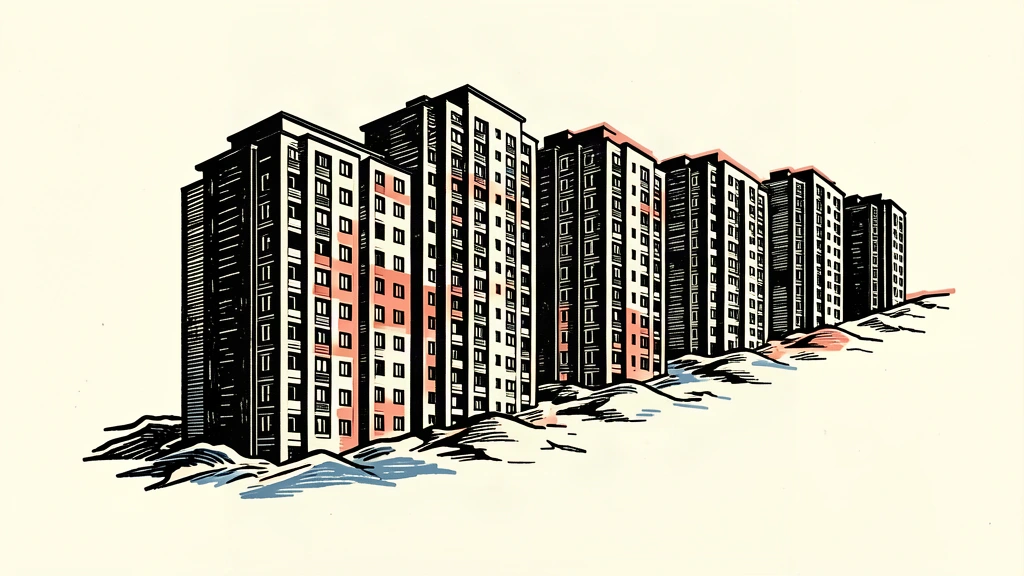 An editorial illustration showing a row of modern apartment buildings gradually sinking into the ground along a downward slope, representing the decline in Beijing home prices.