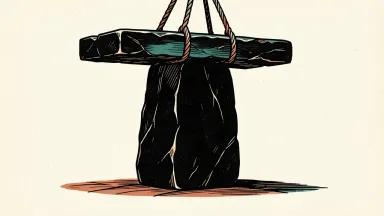 Blackstone price target lowered by HSBC: a large black stone monolith is capped by a heavy stone slab being lowered from above.