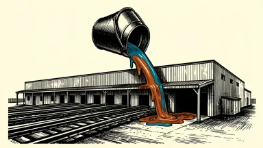 Sherwin-Williams expands its Statesville facility: a large paint bucket pours a stream that forms a new factory wing with four rail spurs.