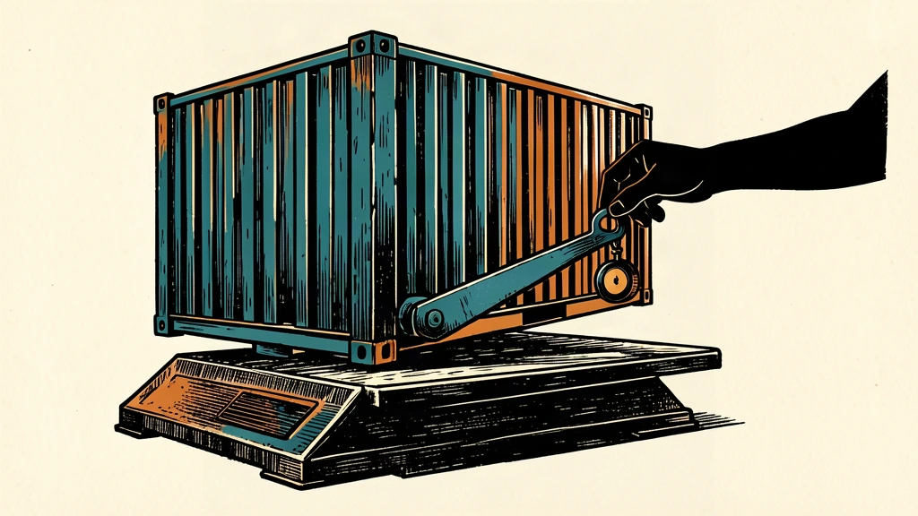 A large shipping container on a balance scale being adjusted by a small weight.