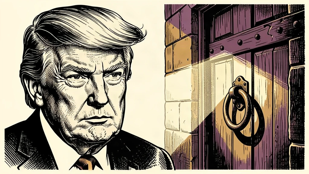 A portrait of Donald Trump looking toward a closed, heavy stone door with an iron ring handle. Identity photo references adapted into illustration: Daniel Torok (Public domain; https://commons.wikimedia.org/wiki/File:Official_Presidential_Portrait_of_President_Donald_J._Trump_(2025).jpg); source https://commons.wikimedia.org/wiki/File:Official_Presidential_Portrait_of_President_Donald_J._Trump_(2025).jpg