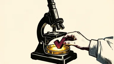 Korsana Biosciences initiated at Buy by Guggenheim: a microscope focused on a petri dish with a large checkmark token placed beside it.