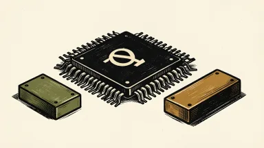 Broadcom in talks with Apollo and Blackstone for lending, depicted as a microchip block with two smaller blocks nearby.