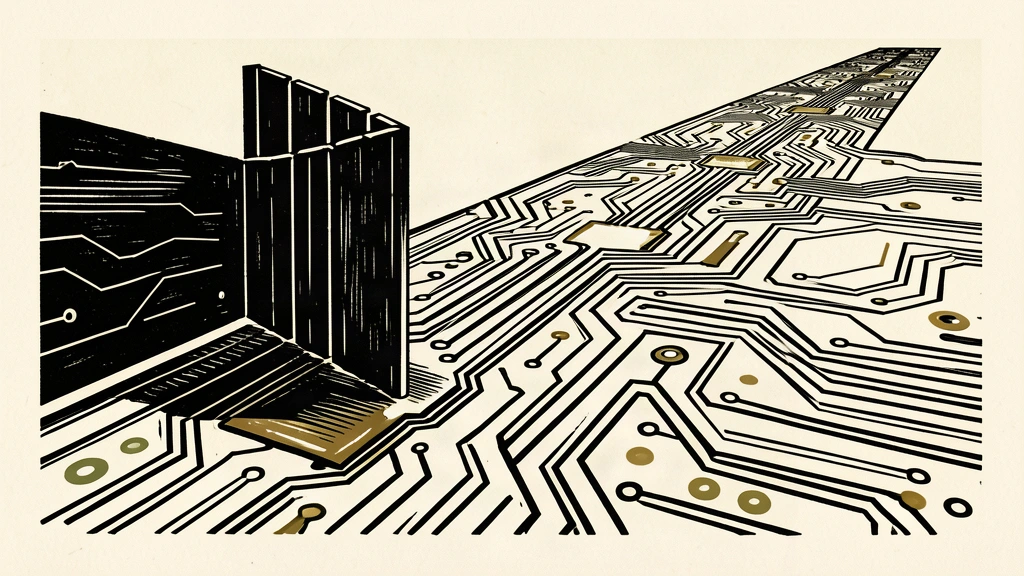 An editorial illustration showing a circuit board path partially blocked by a heavy gate, while an unblocked path continues ahead.