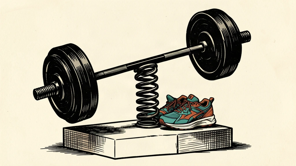 An editorial illustration of a barbell being pushed upward by a heavy spring, symbolizing a lifted financial guidance for a sports retailer.
