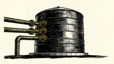 An editorial illustration showing three thick industrial pipelines converging to fill a single massive oil storage tank, representing the internal cash flow from three joint ventures funding a large investment.